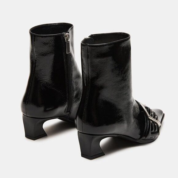 Buckle Black Ankle Boots Kitten Heel Pointed Toe Leather Fashion Dress Booties - Picture 7 of 9